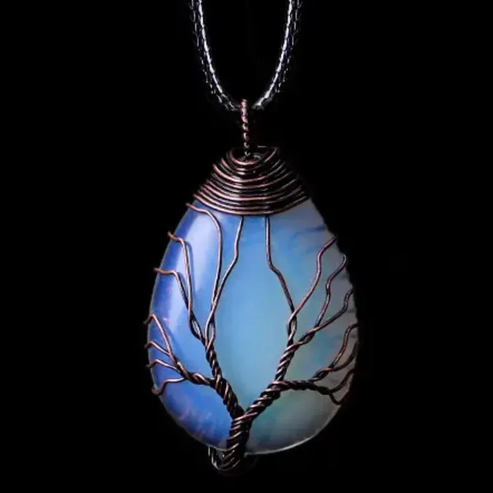 Tree Of Life Copper Wire Wrap Opal Glass Stone Pendant Necklace